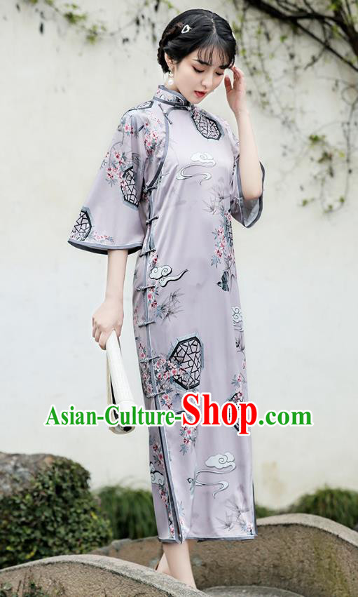 Republic of China Traditional Wide Sleeve Qipao Dress National Young Lady Printing Lilac Cheongsam