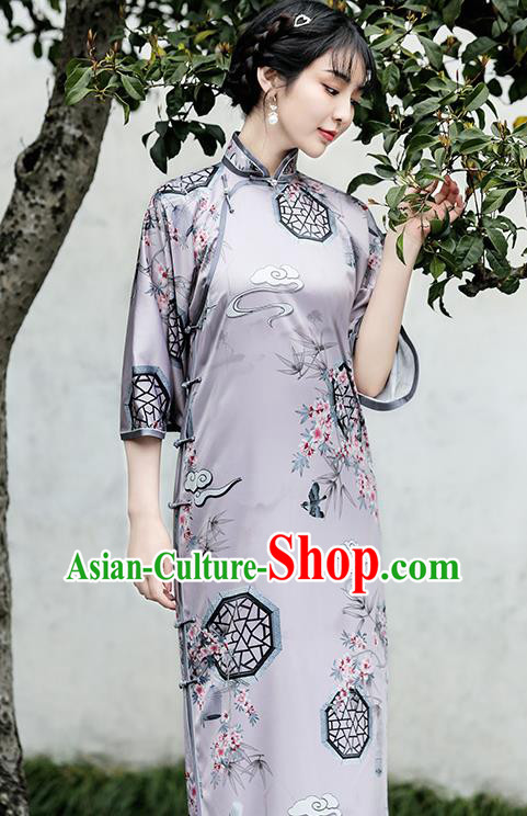 Republic of China Traditional Wide Sleeve Qipao Dress National Young Lady Printing Lilac Cheongsam