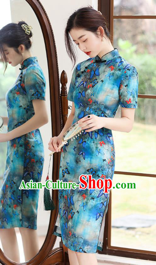 Republic of China National Printing Butterfly Blue Ramine Cheongsam Traditional Young Lady Short Qipao Dress