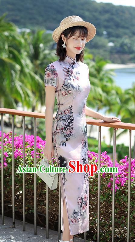 Republic of China National Young Lady Cheongsam Traditional Printing Bamboo Pink Qipao Dress