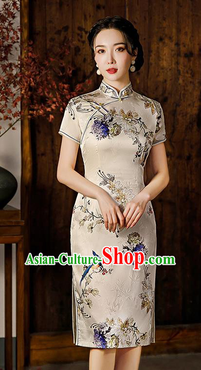 Republic of China National Elderly Woman Cheongsam Traditional Printing Mother Short Qipao Dress