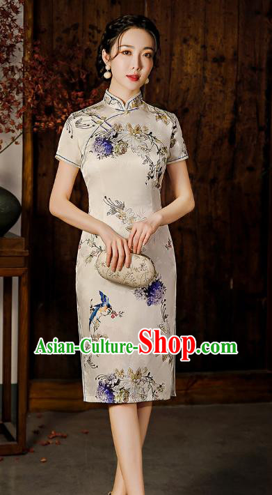 Republic of China National Elderly Woman Cheongsam Traditional Printing Mother Short Qipao Dress