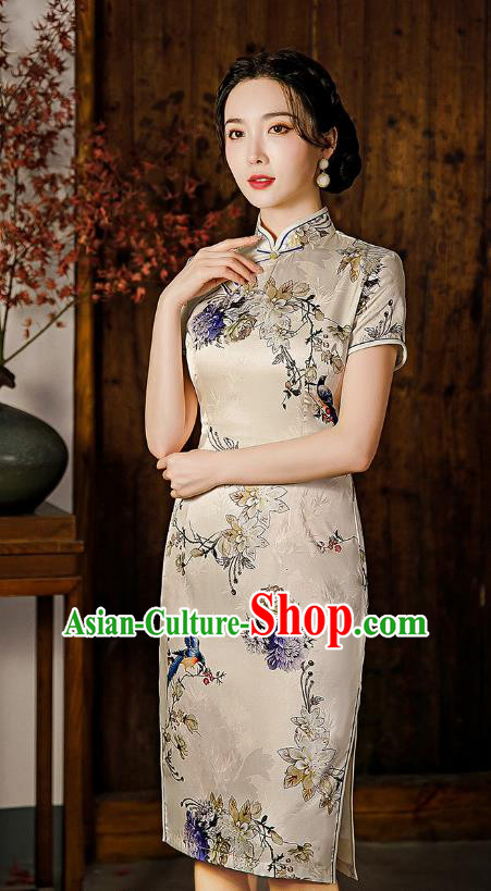 Republic of China National Elderly Woman Cheongsam Traditional Printing Mother Short Qipao Dress