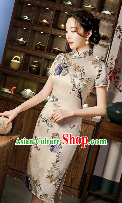 Republic of China National Elderly Woman Cheongsam Traditional Printing Mother Short Qipao Dress