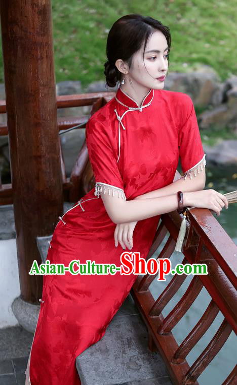Republic of China National Young Woman Cheongsam Traditional Beads Tassel Red Silk Qipao Dress