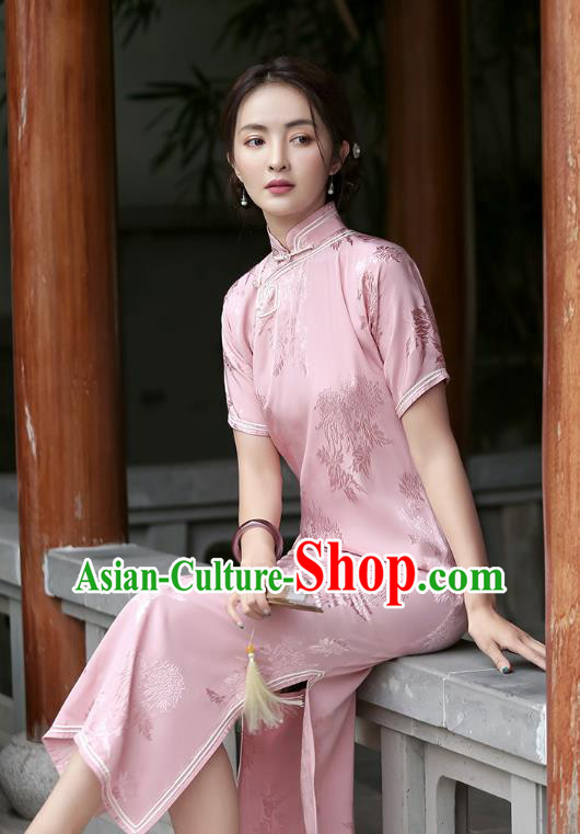 Republic of China National Pink Silk Cheongsam Traditional Shanghai Young Woman Qipao Dress