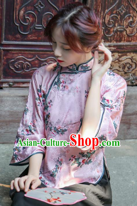 Chinese Tang Suit Upper Outer Garment Clothing National Printing Flowers Pink Silk Qipao Shirt