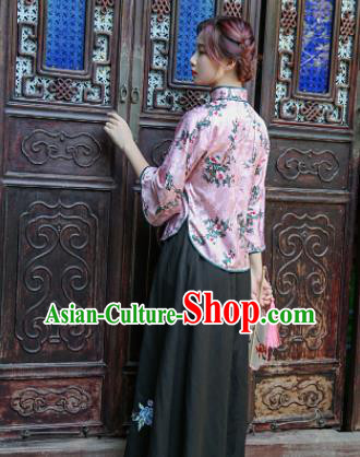 Chinese Tang Suit Upper Outer Garment Clothing National Printing Flowers Pink Silk Qipao Shirt