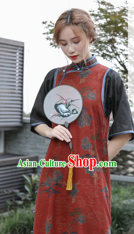 Republic of China National Gambiered Guangdong Gauze Cheongsam Traditional Young Lady Red Silk Qipao Dress