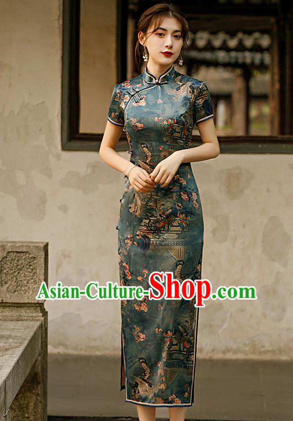 Republic of China Traditional Printing Deep Green Qipao Dress National Woman Mother Cheongsam