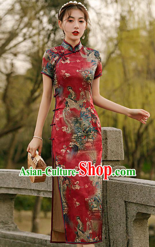 Republic of China National Woman Mother Cheongsam Traditional Printing Red Qipao Dress
