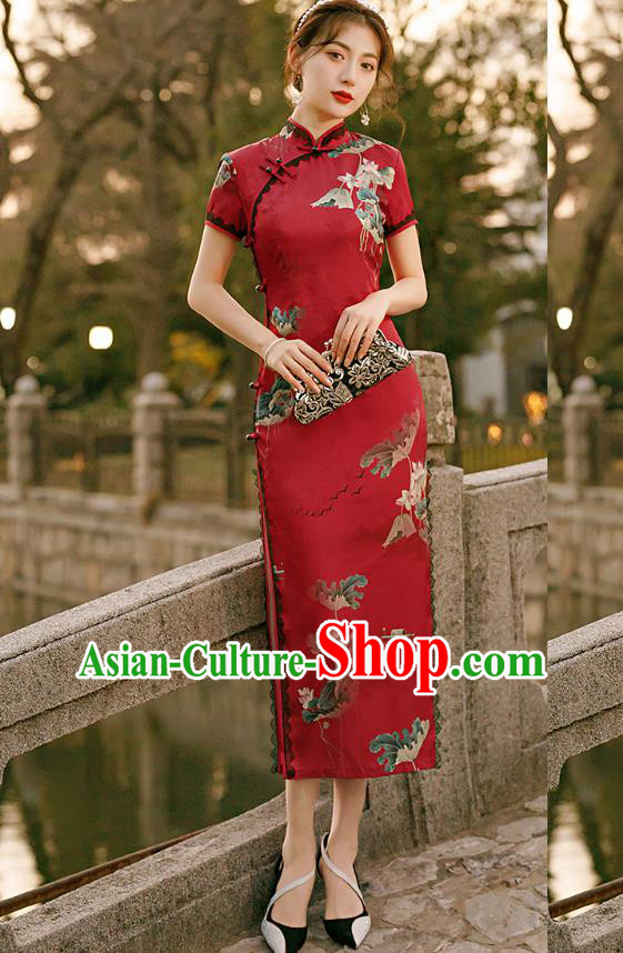 Republic of China National Short Sleeve Cheongsam Traditional Young Lady Printing Lotus Red Qipao Dress