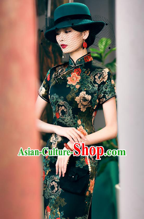 China National Young Lady Cheongsam Traditional Printing Peony Silk Qipao Dress