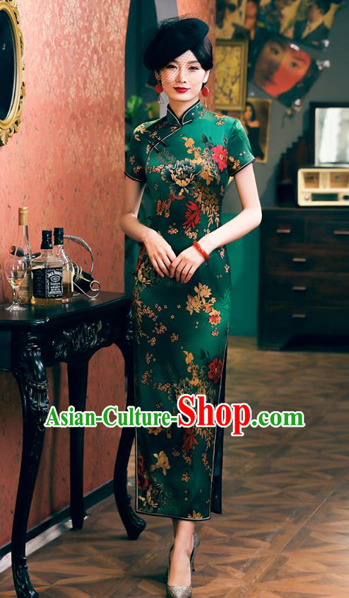 China Classical Dance Performance Cheongsam Traditional Shanghai Young Lady Green Silk Qipao Dress