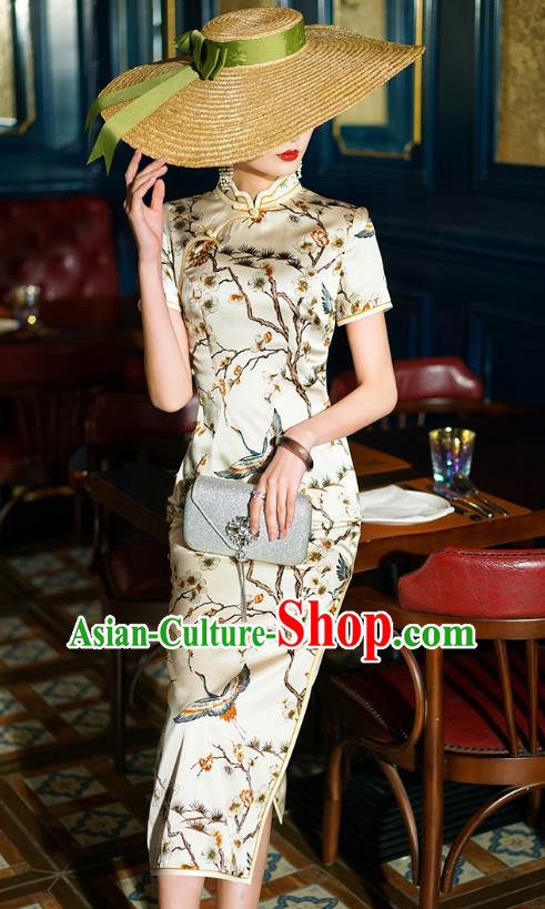 China Classical Crane Pattern Cheongsam Traditional Shanghai Young Concubine Beige Silk Qipao Dress
