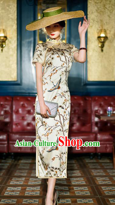 China Classical Crane Pattern Cheongsam Traditional Shanghai Young Concubine Beige Silk Qipao Dress