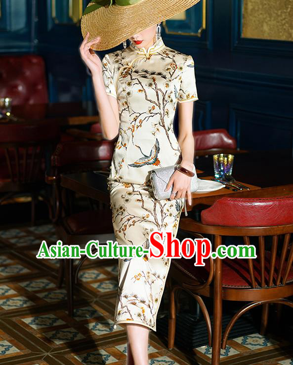 China Classical Crane Pattern Cheongsam Traditional Shanghai Young Concubine Beige Silk Qipao Dress