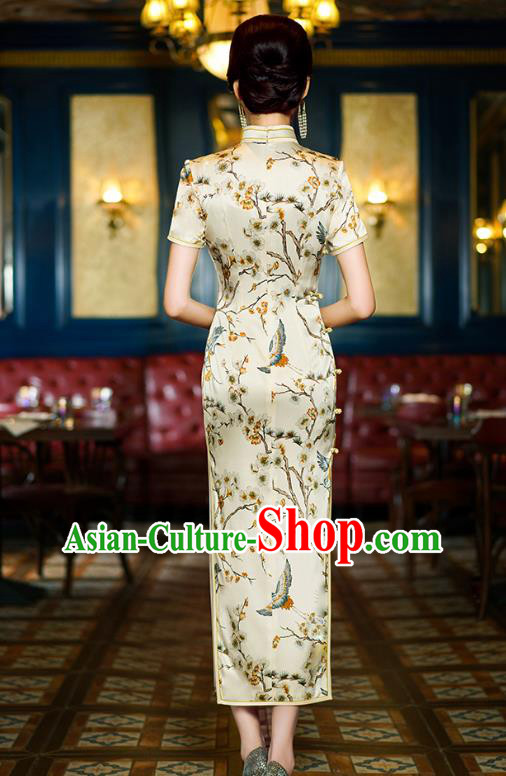 China Classical Crane Pattern Cheongsam Traditional Shanghai Young Concubine Beige Silk Qipao Dress