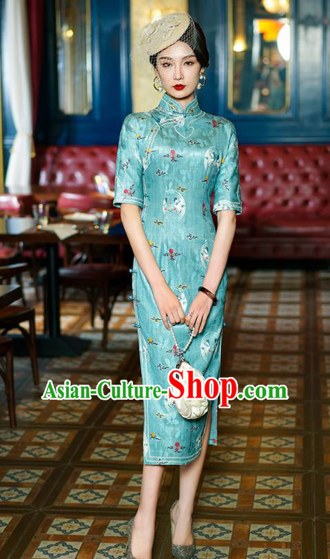 China Classical Stand Collar Cheongsam Traditional Minguo Shanghai Young Lady Printing Green Qipao Dress