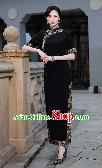 China Classical Shanghai Beauty Cheongsam Traditional Minguo Black Silk Slant Opening Qipao Dress