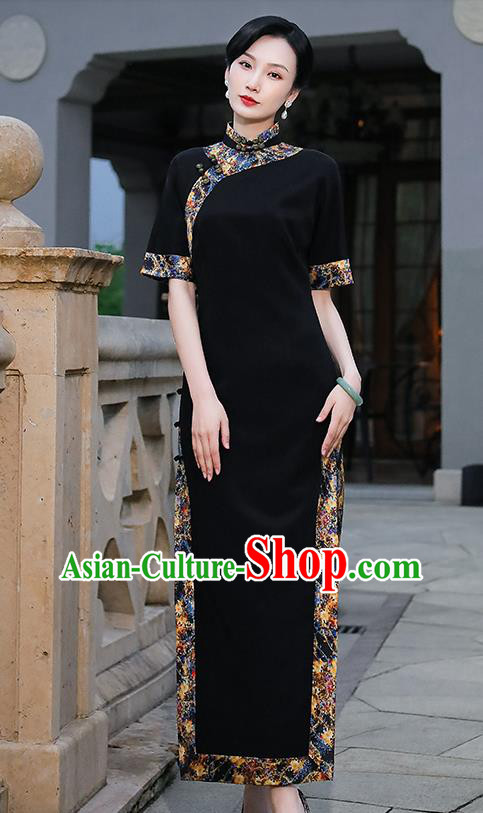 China Classical Shanghai Beauty Cheongsam Traditional Minguo Black Silk Slant Opening Qipao Dress