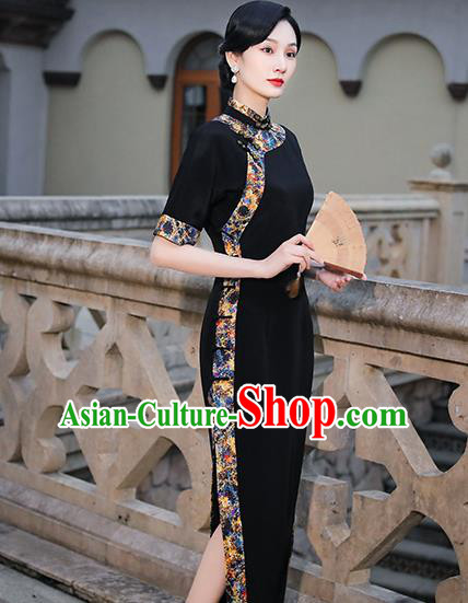 China Classical Shanghai Beauty Cheongsam Traditional Minguo Black Silk Slant Opening Qipao Dress