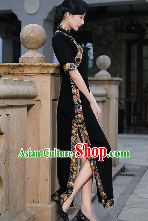 China Classical Shanghai Beauty Cheongsam Traditional Minguo Black Silk Slant Opening Qipao Dress