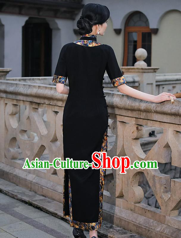 China Classical Shanghai Beauty Cheongsam Traditional Minguo Black Silk Slant Opening Qipao Dress