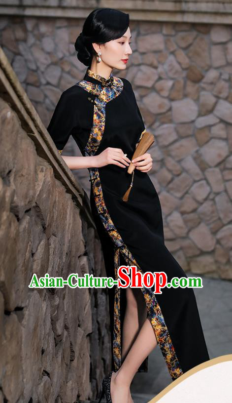 China Classical Shanghai Beauty Cheongsam Traditional Minguo Black Silk Slant Opening Qipao Dress