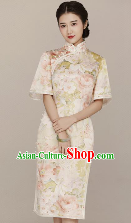 China Traditional Mandarin Sleeve Qipao Dress Classical Printing Flowers Silk Cheongsam