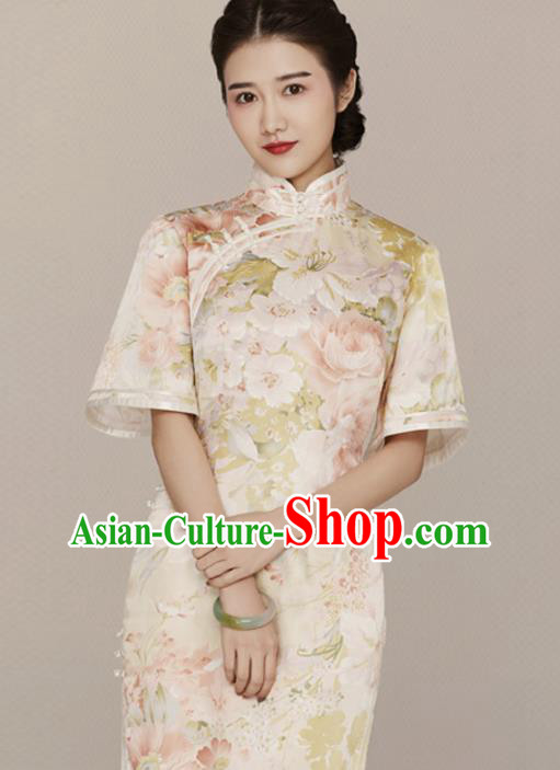 China Traditional Mandarin Sleeve Qipao Dress Classical Printing Flowers Silk Cheongsam