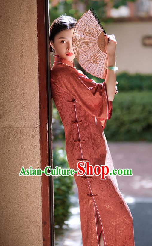 China Traditional Minguo Red Silk Qipao Dress Classical Mandarin Sleeve Cheongsam