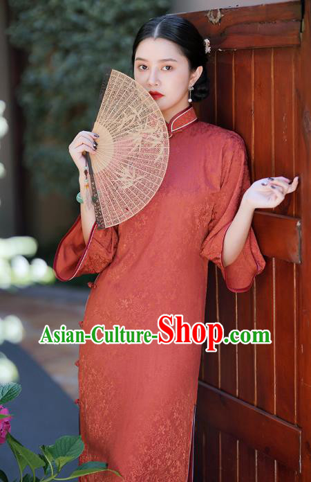 China Traditional Minguo Red Silk Qipao Dress Classical Mandarin Sleeve Cheongsam