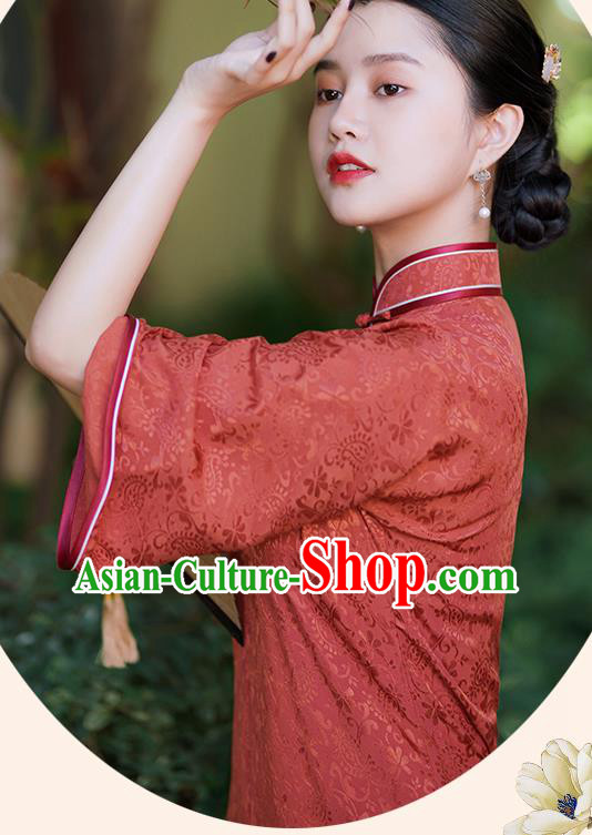 China Traditional Minguo Red Silk Qipao Dress Classical Mandarin Sleeve Cheongsam