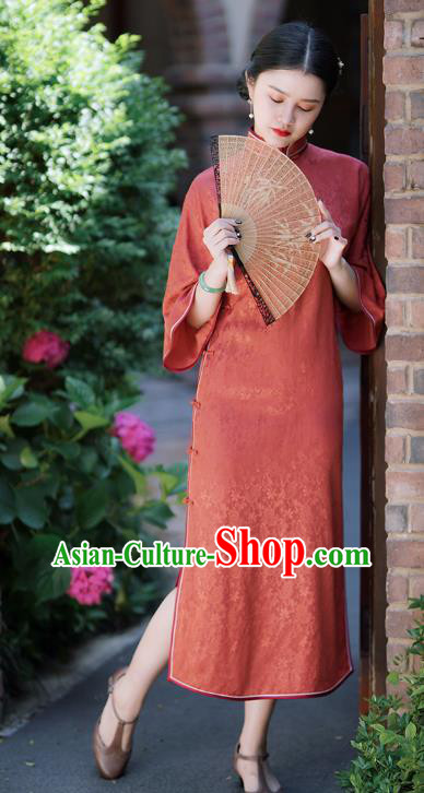 China Traditional Minguo Red Silk Qipao Dress Classical Mandarin Sleeve Cheongsam