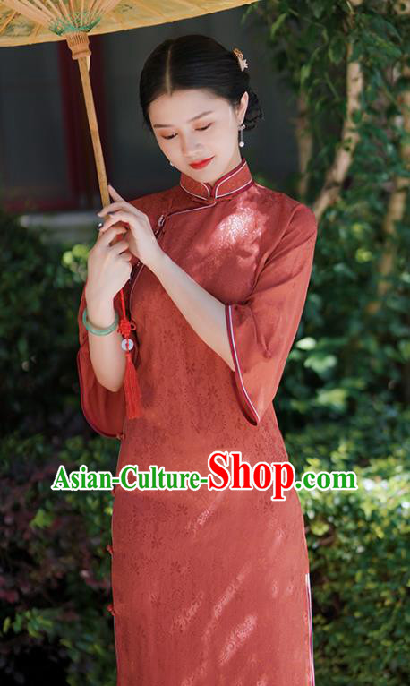 China Traditional Minguo Red Silk Qipao Dress Classical Mandarin Sleeve Cheongsam