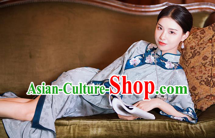 China Traditional Minguo Mandarin Sleeve Qipao Dress Classical Embroidered Blue Silk Cheongsam