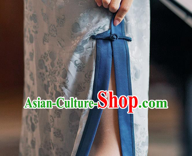 China Traditional Minguo Mandarin Sleeve Qipao Dress Classical Embroidered Blue Silk Cheongsam