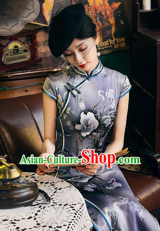 China Classical Printing Flowers Violet Cheongsam Traditional Minguo Shanghai Young Beauty Qipao Dress