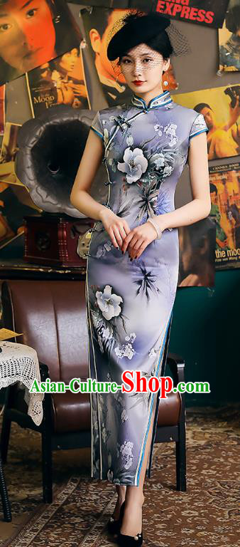 China Classical Printing Flowers Violet Cheongsam Traditional Minguo Shanghai Young Beauty Qipao Dress