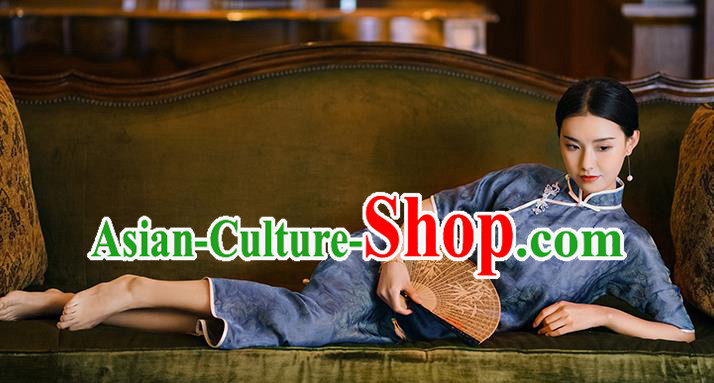 Republic of China Classical Shanghai Beauty Qipao Dress Traditional Minguo Blue Silk Cheongsam
