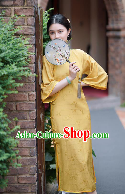 Republic of China Classical Young Lady Qipao Dress Traditional Minguo Mandarin Sleeve Yellow Silk Cheongsam