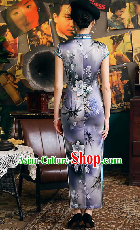 China Classical Printing Flowers Violet Cheongsam Traditional Minguo Shanghai Young Beauty Qipao Dress