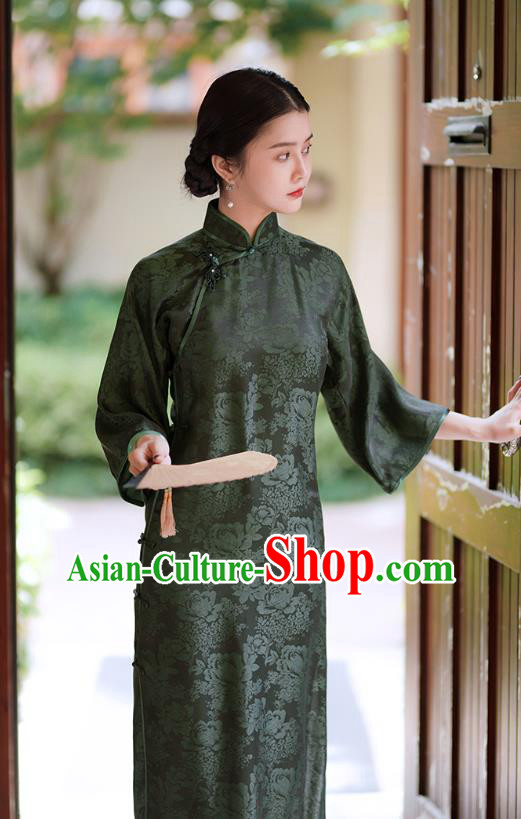 Republic of China Classical Atrovirens Silk Qipao Dress Traditional Minguo Young Lady Mandarin Sleeve Cheongsam