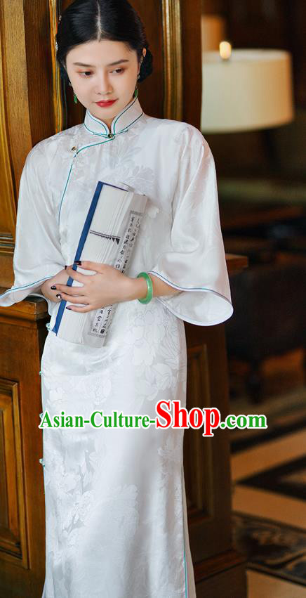 Republic of China Classical Shanghai White Silk Qipao Dress Traditional Minguo Young Lady Cheongsam