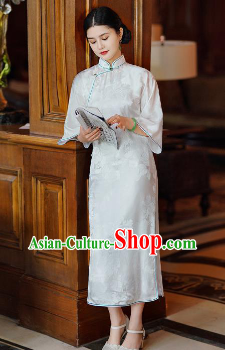 Republic of China Classical Shanghai White Silk Qipao Dress Traditional Minguo Young Lady Cheongsam