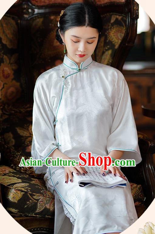 Republic of China Classical Shanghai White Silk Qipao Dress Traditional Minguo Young Lady Cheongsam