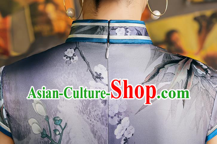 China Classical Printing Flowers Violet Cheongsam Traditional Minguo Shanghai Young Beauty Qipao Dress