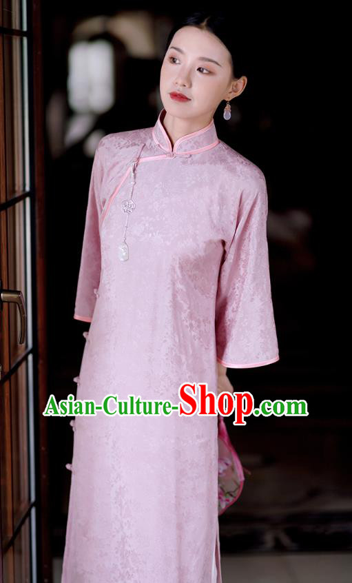 Republic of China Classical Stand Collar Qipao Dress Traditional Minguo Young Lady Pink Cheongsam