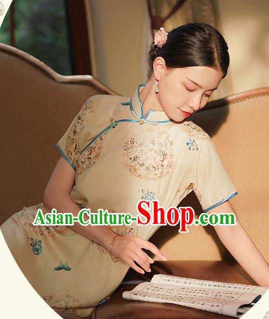 Republic of China Classical Printing Butterfly Qipao Dress Traditional Minguo Shanghai Woman Apricot Cheongsam